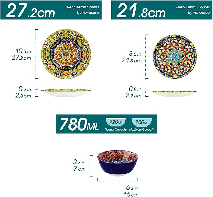 vancasso 18 Pieces Plates and Bowls Set Bohemian Style Dinnerware Sets Service for 6 Porcelain Boho Dishes Set for Kitchen Housewaring Gift Dishwasher and Microwave Safe Series KRVI