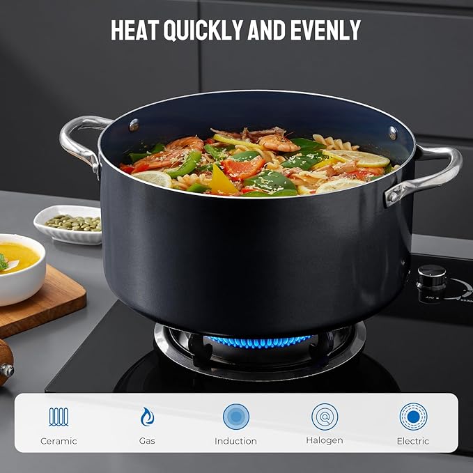 Induction Cookware Set 6-Piece Stackable Kitchen Cooking Pots Set 6qt 4.8qt &amp 2qt Pots with Lids Dishwasher Safe &amp Oven Safe Compatible with All Stoves Black