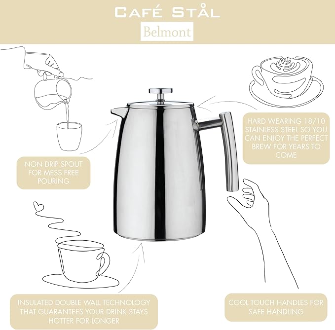 Belmont 3 Cup Double Walled Cafetiere Coffee Maker Mirror Finish 350ml