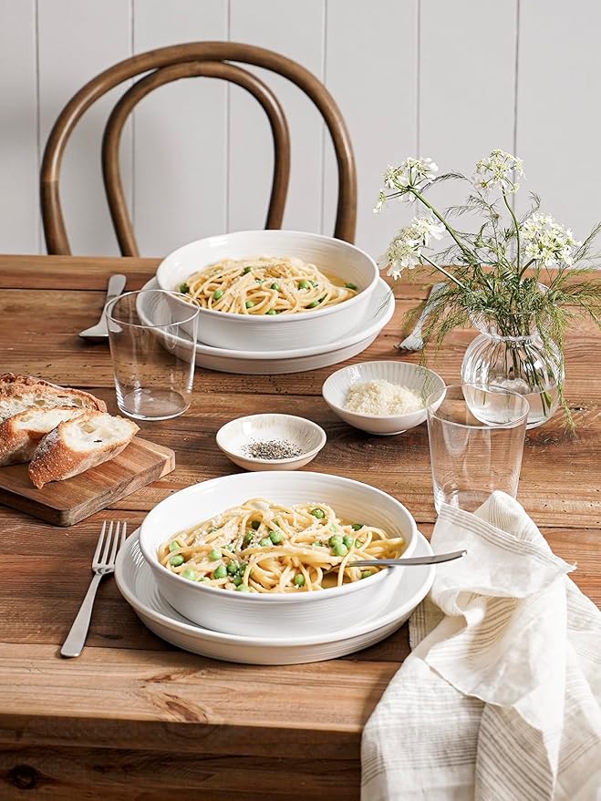 LE TAUCI Dishes Set with Pasta Bowls for 4 Stoneware Dinnerware Set 10 Dinner &amp 8 Salad Plates 6 Bowls 8.5 Pasta (30 oz) Stackable Microwave &amp Dishwasher Safe Ceramic 16-Piece Whit