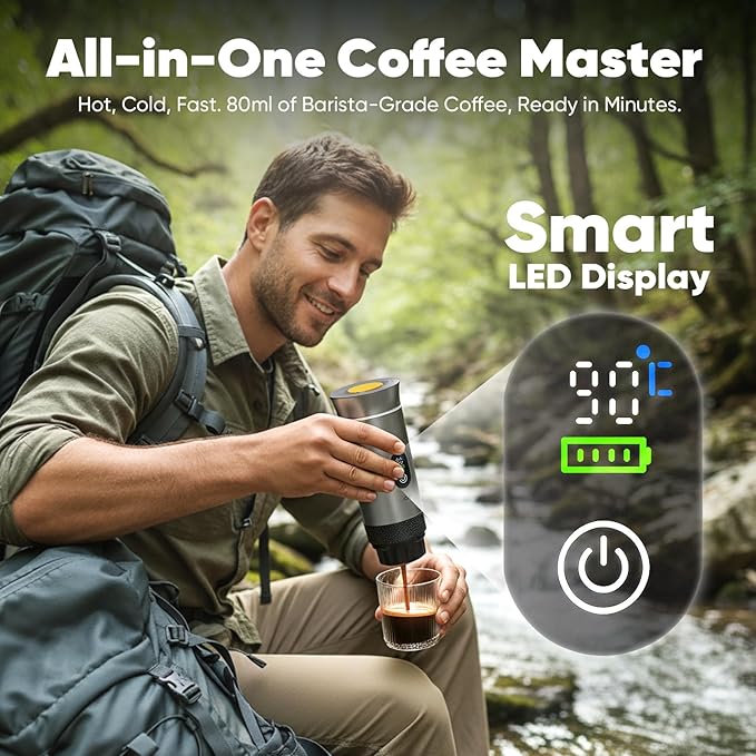 Portable 3-in-1 Espresso Coffee Maker Self-Heating &amp Rechargeable with Smart Display — Works with Ground Coffee Small &amp Large Capsules Travel &amp Camping Mini Machine 20-Bar Extraction