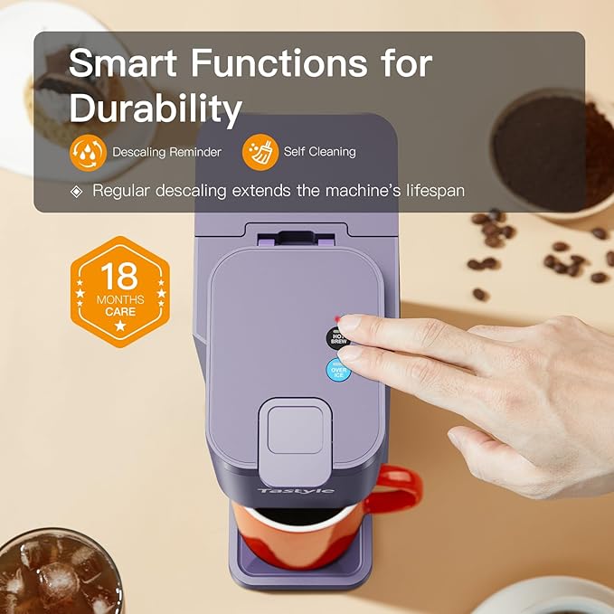 Mini Hot and Iced Coffee Maker Single Serve for K Cup and Ground 6 to 14 Oz Brew Sizes with Recipe Book for Home Travel RV Office and Dorm Violet