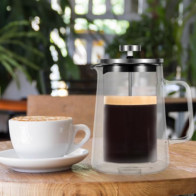 350/650/1000ml French Press Coffee Maker Double Wall Glass French Press Clear French Press Tea Maker Multifunctional Coffee Press Coffee Maker for Home Office (1000ML)
