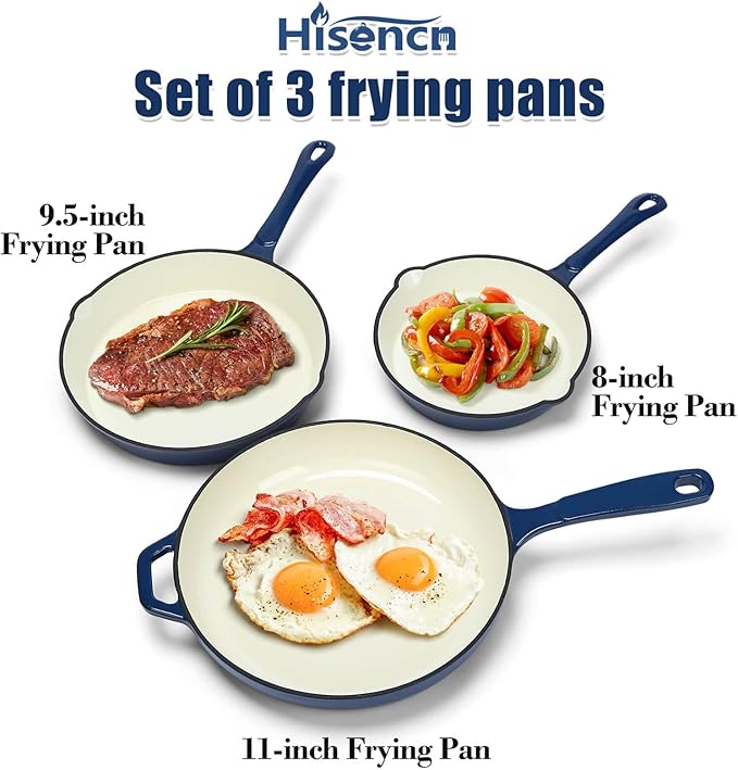 Hisencn Enameled Cast Iron Skillet Set - 3 Piece Ceramic Coated Fry Pan Set(8''9.5'' 11'') PFAS/PTFE/PFOA Free Oven &amp Induction Safe Navy Blue Cookware for Gas/Electric Stovetop