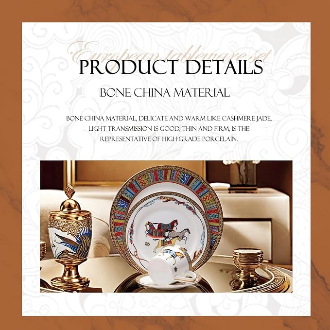 European Style Dinnerware Set Service for 6 Bone China Dinnerware Sets Unbreakable Porcelain Dinner Sets Coffee Cup and Saucer Tableware Set Steak Dinner Plates Dish Set horse-07