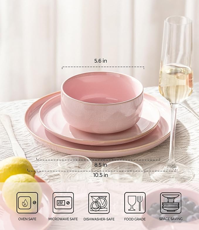 TheTerra Ceramic Dinnerware Sets for 4 12 Pieces Handmade Reactive Glaze Plates and Bowls Set Scratch Resistant Dish Set Oven &amp Microwave &amp Dishwasher Safe Sakura Pink