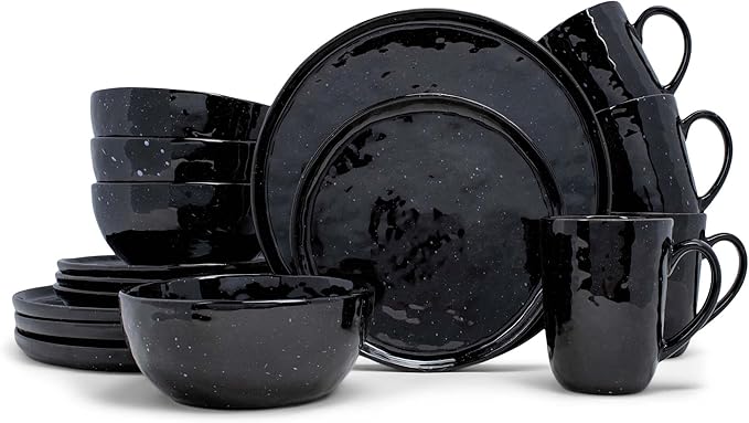 Elanze Designs Shiny Speckled Western Country Style Ceramic Plates Bowls Mugs Dinnerware 16 Piece Set - Service for 4 Black