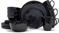 Elanze Designs Shiny Speckled Western Country Style Ceramic Plates Bowls Mugs Dinnerware 16 Piece Set - Service for 4 Black