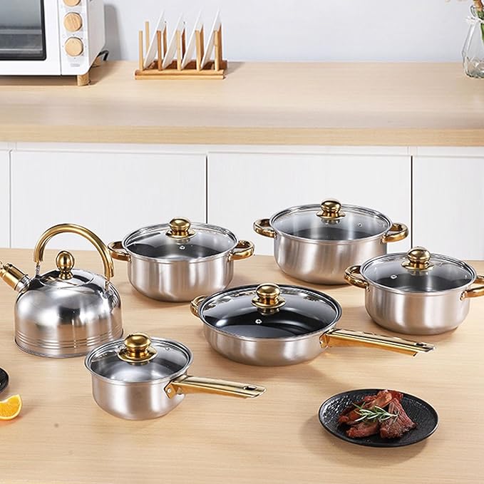 Stainless Steel Pots and Pans Set with Ergonomic Golden Handles Multifunctional Cookware Cooking Pots with Glass Lids Complete Kitchen Set for Versatile Cooking