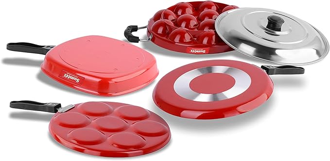Sumeet 2.6mm Thick Non-Stick Sorrell Cookware set (Dosa Tawa – 26.5cm Dia + Multi snack maker – 26.5cm Dia + Grill Appam Patra With Lid – 23cm Dia + Grill Pan – 1.1Ltr Capacity – 22cm Dia)