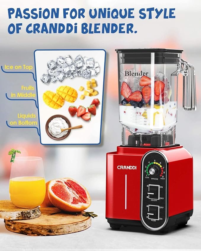 CRANDDI Smoothie Blender 52oz 1800 Watt commercial blender professional blenders Stainless Steel Blade 9 Speed &amp Self-Cleaning Build-in Pulse K98C Red