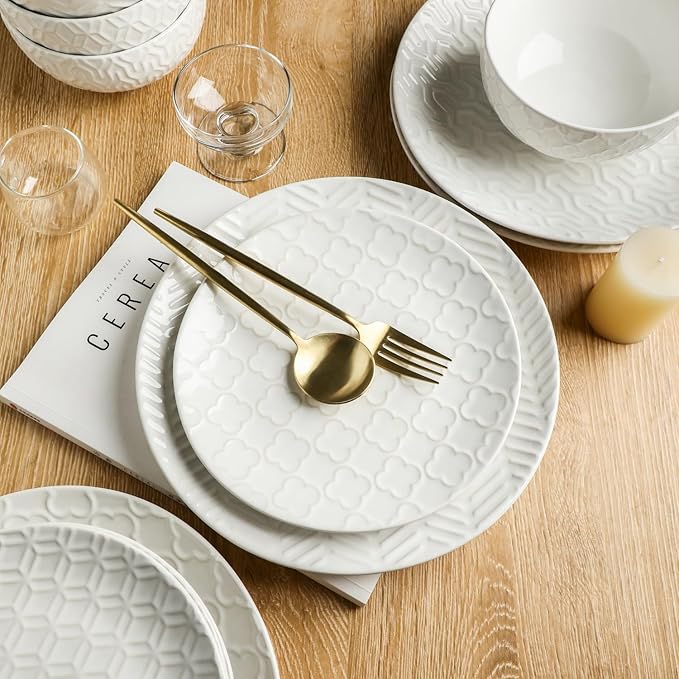 Sureasy Ceramic Dinnerware Sets for 8 24 Piece Embossed Plates and Bowls Sets Scratch Resistant Stoneware Dishes Set Dishwasher and Microwave Safe White