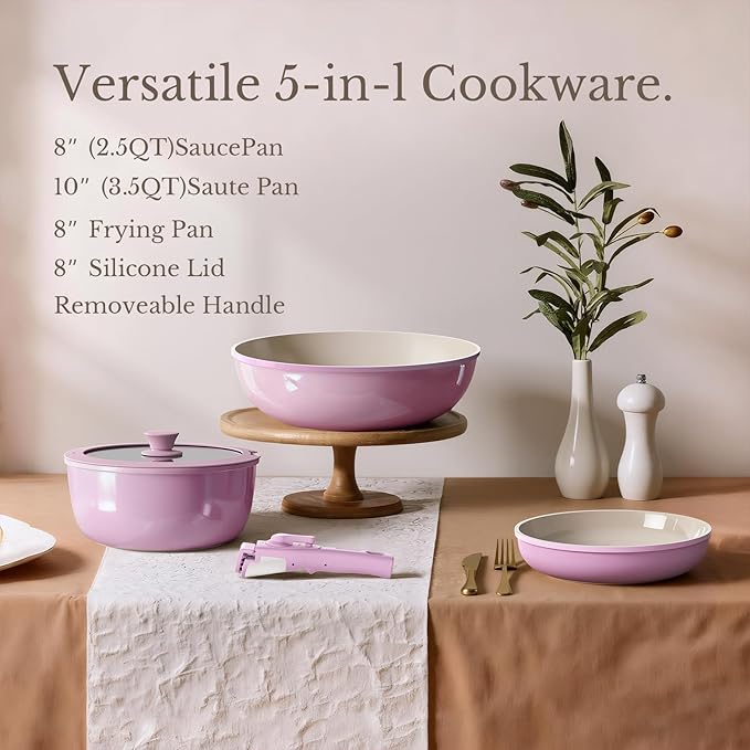 Pots and Pans Set Non Stick Ceramic Cookware Set Detachable Handle RV Camping Kitchen Cooking Set Removable Handles Dishwasher/Oven/Fridge Safe Induction Space SavingPINK