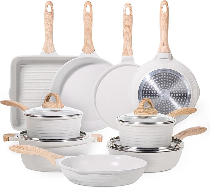 JEETEE 23pcs Pots and Pans Set Non Stick White Cookware Sets for Kitchen w/Frying Pans Saucepans Sauté &amp Griddle &amp Crepe Pan Induction Cooking Pots (PFOA/PFAS Free)
