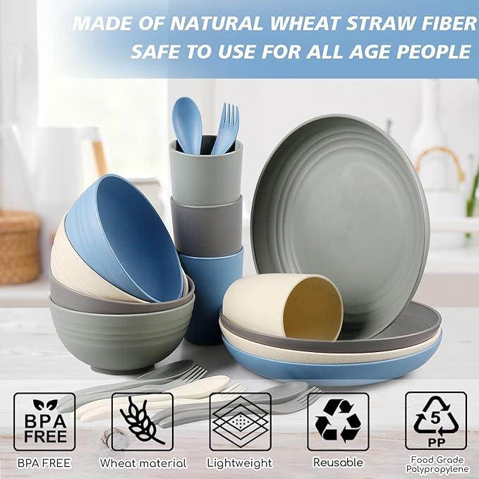 Shopwithgreen Wheat Straw Dinnerware Sets for 4 20 PCS Unbreakable Plates and Bowls Sets Reusable Dinner Dishes Set Bowls Cups Plates for Camping Kitchen RV Dorm Dishwasher Microwave Safe