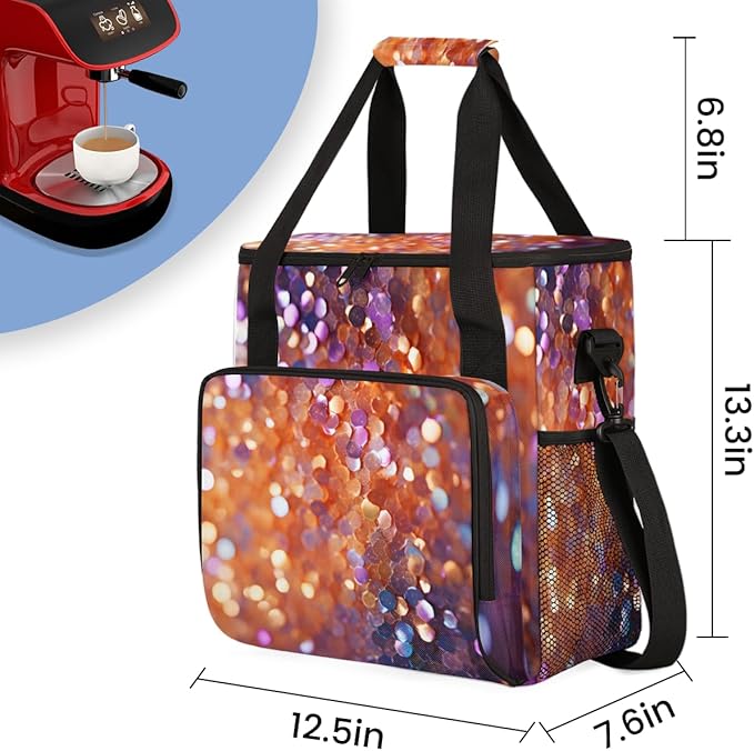 Glitter Sequin Coffee Maker Carrying Bag Portable Travel Storage Tote Bag Compatible with K-Mini or K-Mini Plus Single Serve Coffee Brewer Carrying Case with Multiple Pockets &amp Shoulder Strap