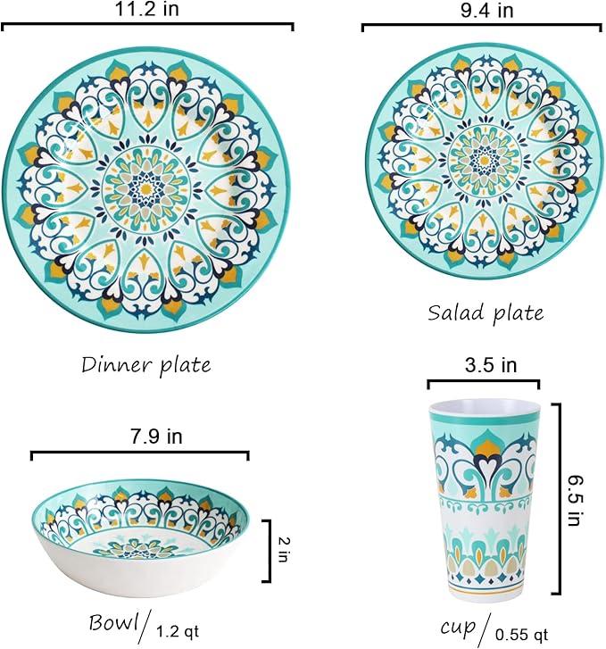 Melamine Dinnerware Set for 4-16 Pcs:Camping Dishes Set with Dinner PlatesSalad PlatesBowls and Cups.Lightweight and Unbreakable.Indoor and Outdoor Use.