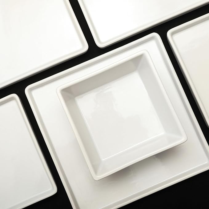 Stone Lain Grace Square Stoneware Dinnerware Set 12 Piece Service For 4 Plates and Bowls Dish Set White