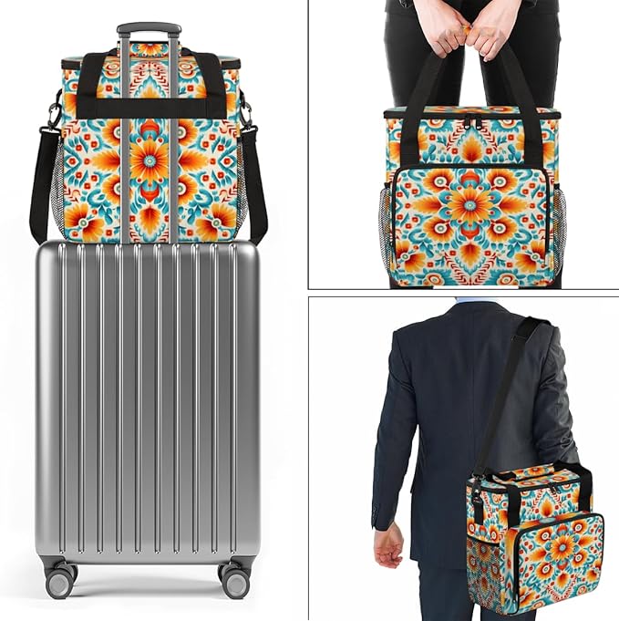 Retro Flower Coffee Maker Carrying Bag Botanic Floral Travel Storage Bag Compatible with K-Mini or K-Mini Plus Single Serve Coffee Brewer Carrying Case with Multiple Pockets &amp Shoulder Strap