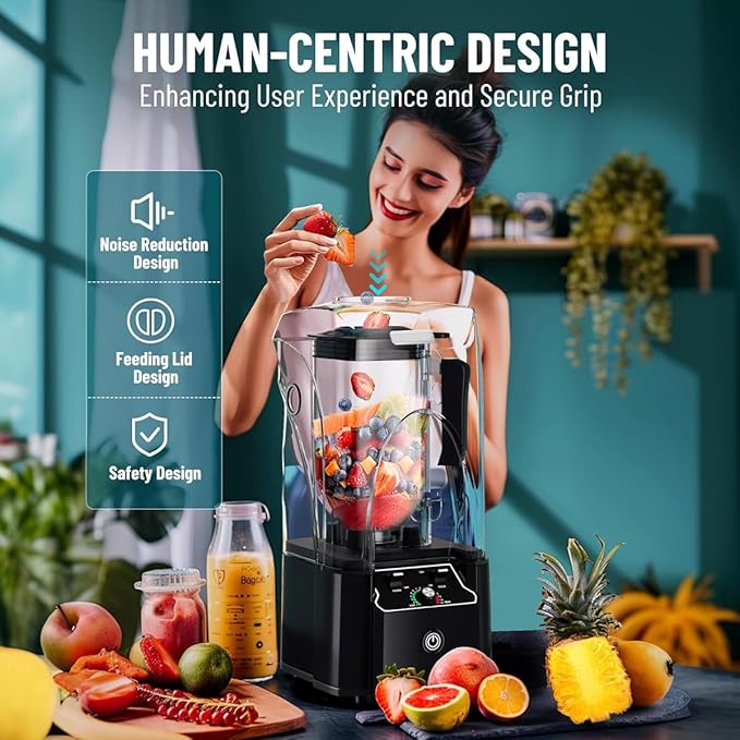 Professional Commercial Blender With Shield Quiet Sound Enclosure 2200W Industries Strong and Quiet Professional-Grade Power Self-Cleaning Black