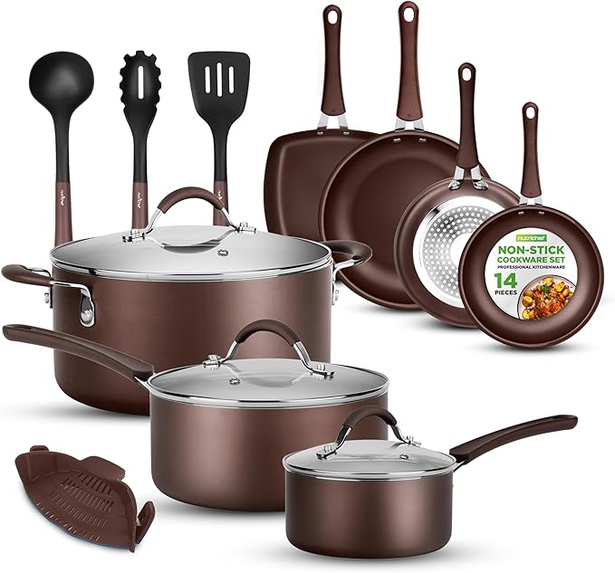 NutriChef 14-Piece Nonstick Brown Cookware Set - Scratch-Resistant Kitchen Pots and Pans with Lids &amp Utensils For All Cooktops - NCCW14SBR