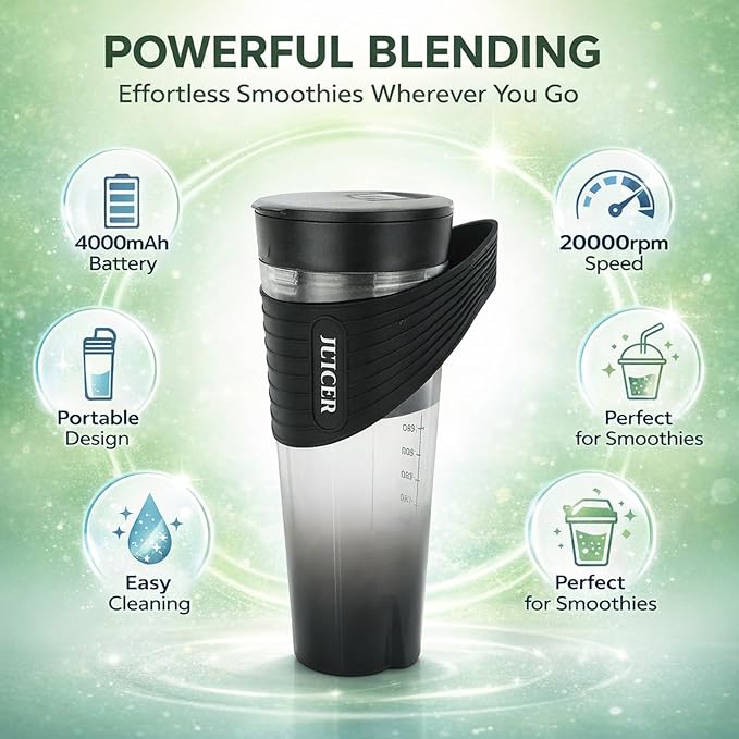 Portable Blender 460ml Capacity 20000RPM Speed USB Rechargeable Black - Waterproof Design Powerful Motor Ideal for Outdoor and Home Use (Black)