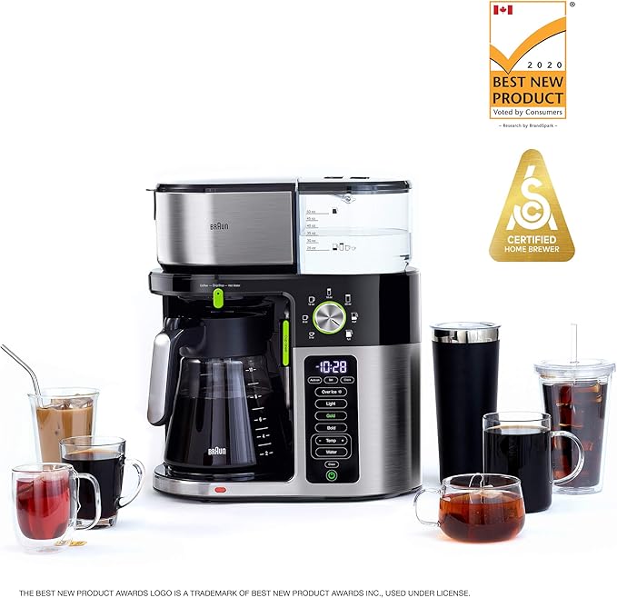 Braun MultiServe Coffee Machine 7 Programmable Brew Sizes / 3 Strengths + Iced Coffee &amp Hot Water for Tea Glass Carafe (10-Cup) Stainless/Black KF9150BK