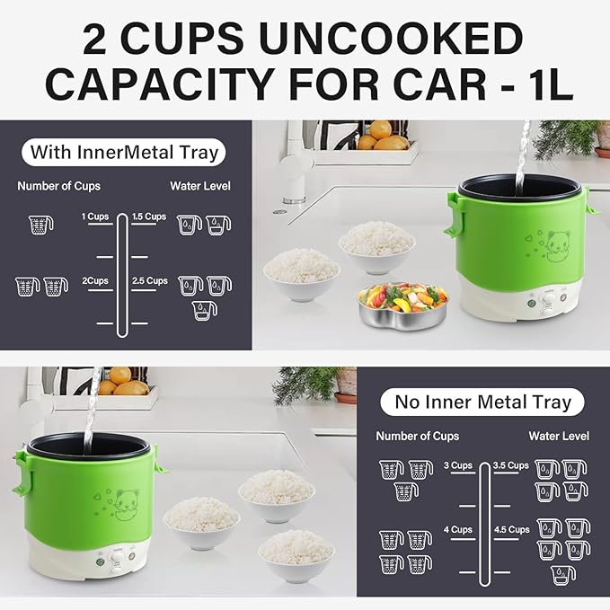 OSBA Mini Rice Cooker 1L Travel Rice Cooker Small 12V For Car Cooking For Soup Porridge and Rice Cooking Heating and Keeping Warm Function(Green)