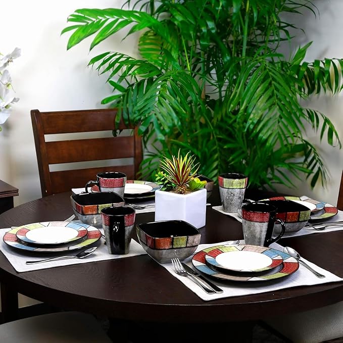 Country Cottage 16-Piece Stoneware Dinnerware Set – Rustic Earth Tones Microwave &amp Dishwasher Safe