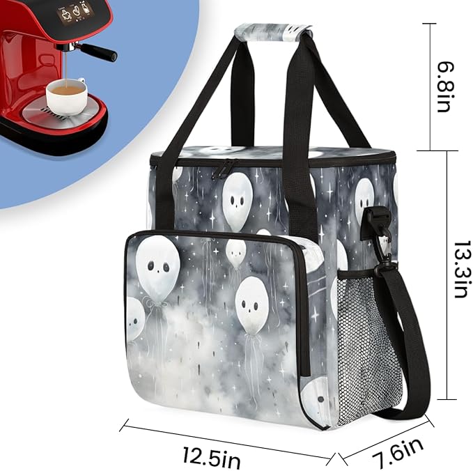 Halloween Ghosts Coffee Maker Carrying Bag Glitter Ghosts Travel Storage Bag Compatible with K-Mini or K-Mini Plus Single Serve Coffee Brewer Carrying Case with Multiple Pockets &amp Shoulder Strap