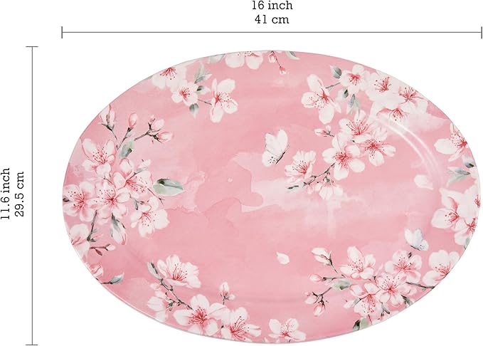 Bico Spring Sakura 16 plus 14 inch Ceramic Oval Platters Set Set of 2 Microwave &amp Dishwasher Safe for Serving Fish Chicken Turkey
