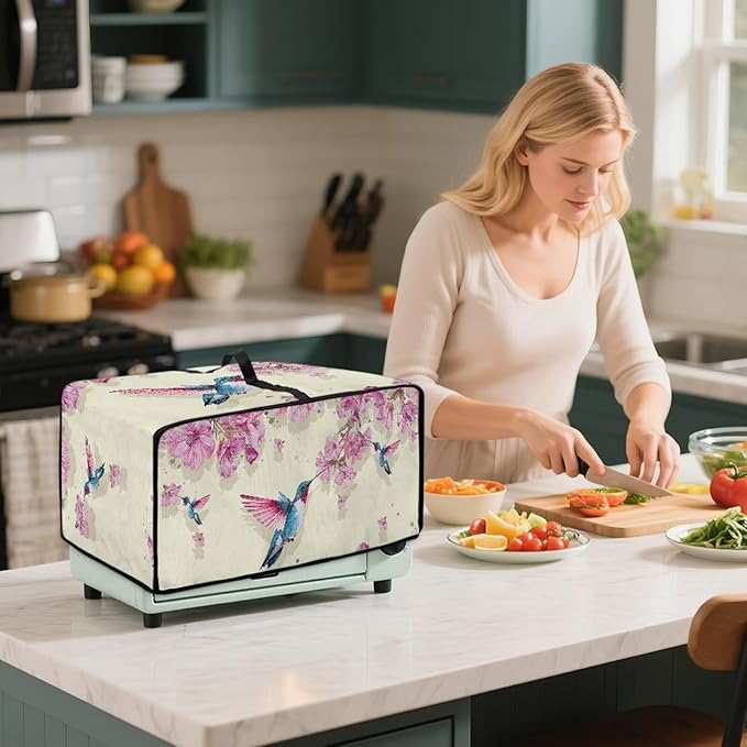 Hummingbird Print Toaster Oven Dust Cover with Accessory Pockets &amp Top Handle Stain Spills Protective Case for Kitchen Toaster Oven Appliances Decor