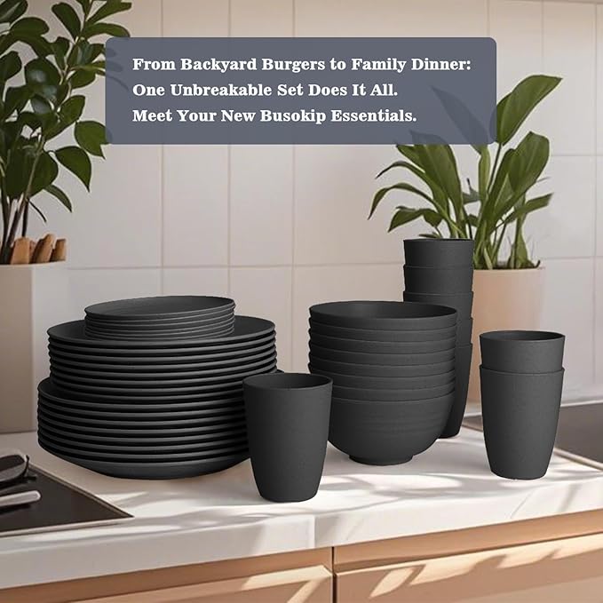 Wheat Straw Dinnerware Sets 40 PCS- Unbreakable Dishes Set for 8 Dishwasher and Microwave Safe Plates and Bowls Sets Reusable Plastic Plates Bowls Drinking Cups for Camping Party - Black