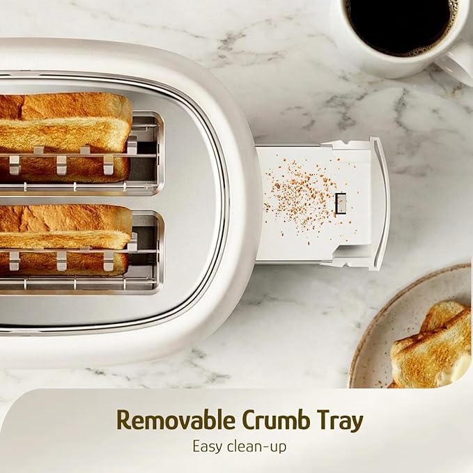 Hazel Quinn 2-Slice Retro Toaster 6 Browning Levels 3 Functions-Defrost/Reheat/Cancel Removable Crumb Tray for Easy to Clean 1.5 Inches Extra Wide Slots - Pearl White