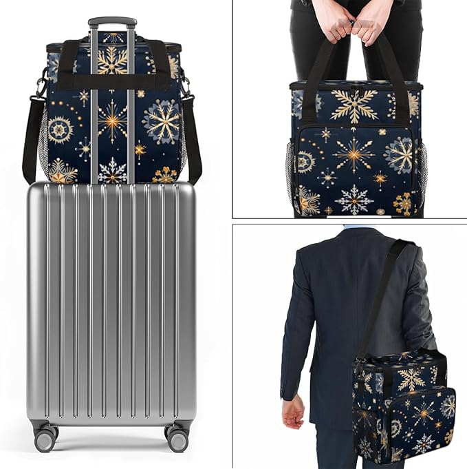 Christmas Snowflakes Coffee Maker Carrying Bag Magical Snowflakes Travel Storage Bag Compatible with K-Mini or K-Mini Plus Single Serve Coffee Brewer Carrying Case with Pockets &amp Shoulder Strap