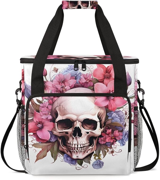 Skull Flower Coffee Maker Carrying Bag Portable Travel Storage Tote Bag Compatible with K-Mini or K-Mini Plus Single Serve Coffee Brewer Carrying Case with Multiple Pockets &amp Shoulder Strap