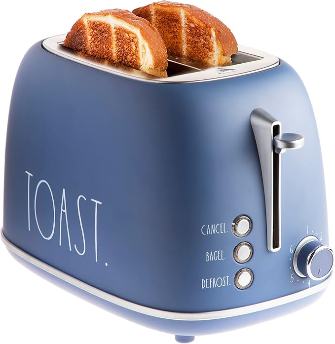 Rae Dunn Retro Rounded Bread Toaster 2 Slice Stainless Steel Toaster with Removable Crumb Tray Wide Slot with 6 Browning Levels Bagel Defrost and Cancel Options Navy
