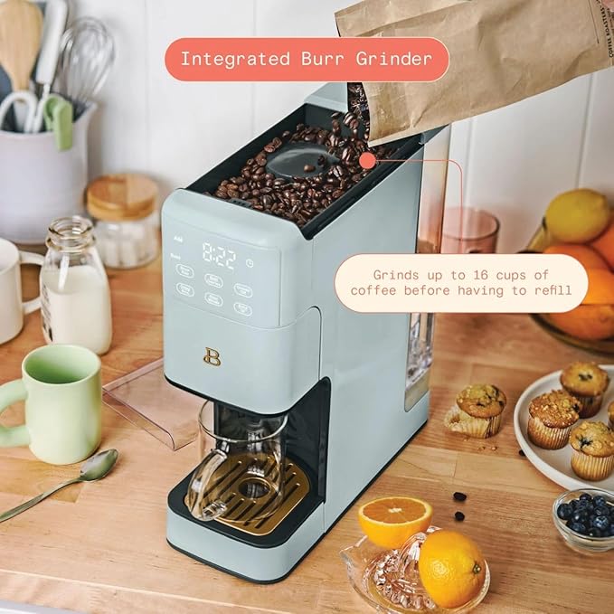 B - Perfect Grind Programmable Single-Serve Coffee Maker with Built-In Grinder Fresh Ground Brewing Touch Controls Reusable Filter Compact Countertop Design (Hydrangea)