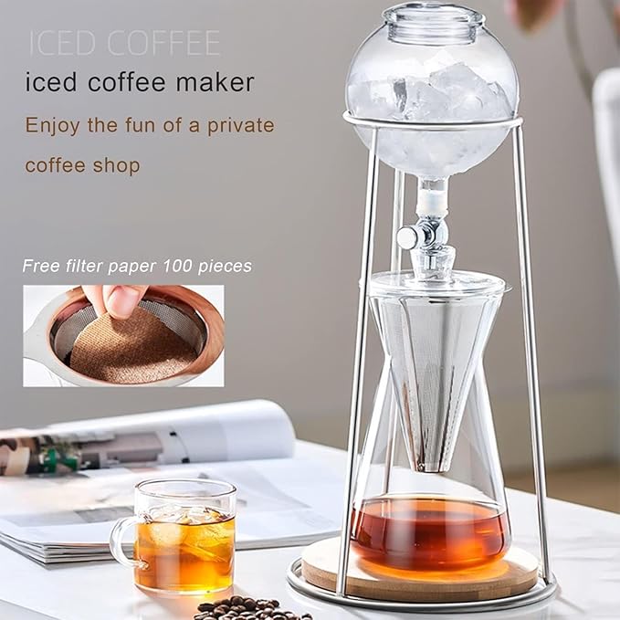 Cold Brew Drip Coffee Maker Cold Brew Drip Tower with Transparent Lid Adjustable-Rate Dripper and 500ML Large Capacity Makes 2-4 Cups and Easy To Clean Perfect for Cafes Restaurant and Bars