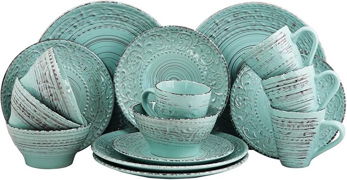 16-Piece Stoneware Dinnerware Set – Malibu Waves in Turquoise or Malibu Sands in Shell Service for 4 (Turquoise)