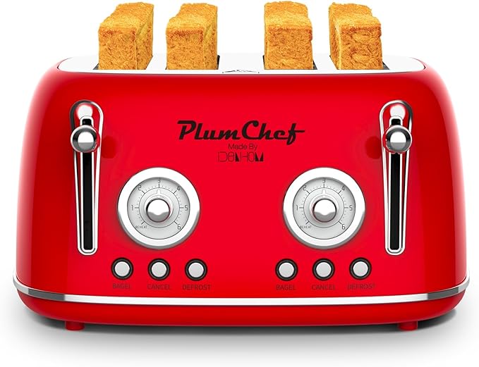 4 Slice Retro Style Toaster Dual Control Toaster with Warming Rack 6 Browning Settings Bagel/Defrost Functions Removable Crumb Tray Stainless Steel Housing 1650W Red