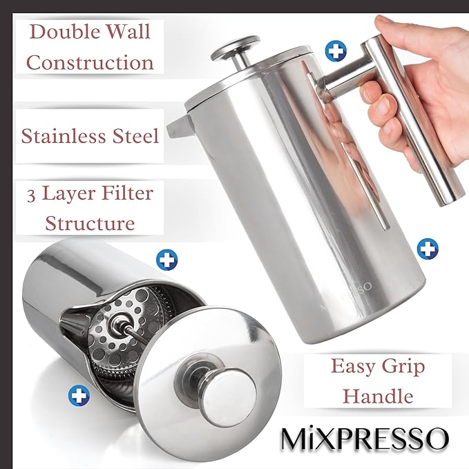 Mixpresso Stainless Steel French Press Coffee Maker 26 Oz 770 ml Double Wall Insulated French Press Stainless Steel Easy Clean Tea Brewer Easy Press Durable Metal Coffee Press