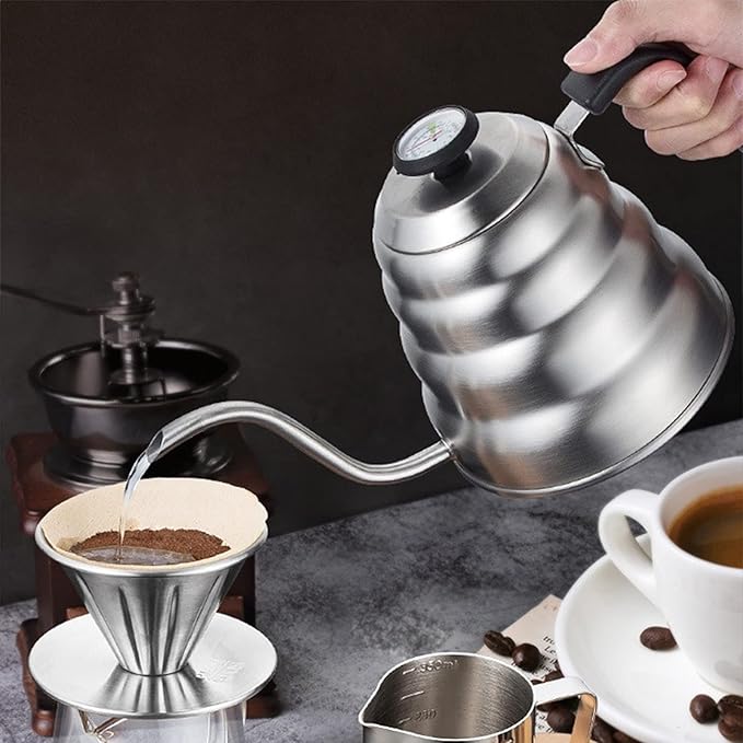 Liudan Coffee Maker Coffee Pot Drip Kettle Pour Over Coffee Pot Swan Long Neck Stainless Steel Thin Mouth Gooseneck Cloud Drip Kettle 1L / 1.2L Coffee Press (Color : 1.0L Thermometer)