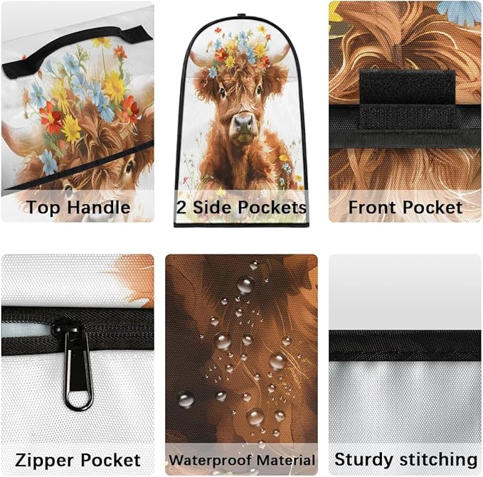 Kitchen Aid Mixer Cover Florals Highland Flower Cow Stand Mixer Cover Compatible with 6-8 Quarts Stand Mixers Dust Covers with Zipper Pocket Foldable Washable Kitchen Aid Organizer Bag