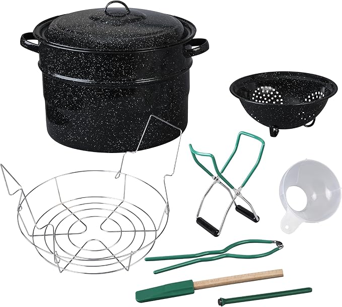 Granite Ware 9 Piece Enamelware Water bath Canning Pot with Canning kit Colander and Rack. Canning Supplies Starter Kit.
