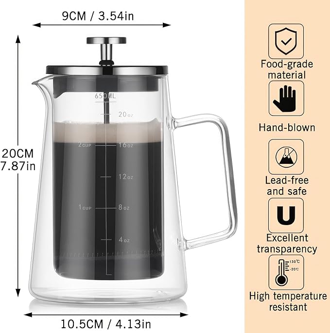 French Press Coffee Maker 22Oz - Double-Wall Insulated Borosilicate Glass - Ergonomic Handle - Coffee Gift - Tea &amp Coffee Press