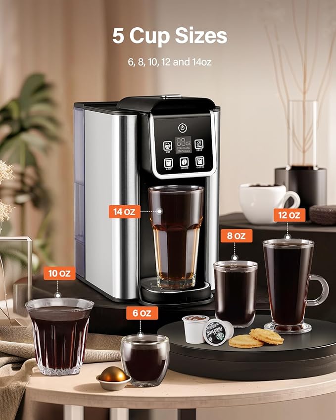 SHARDOR Single Serve Coffee Maker Hot and Iced Coffee Machine for K Cup Pods &amp Ground Coffee 6 to 14 Oz Brew Sizes with 50 oz Large Water Tank Removable Drip Tray Stainless Steel