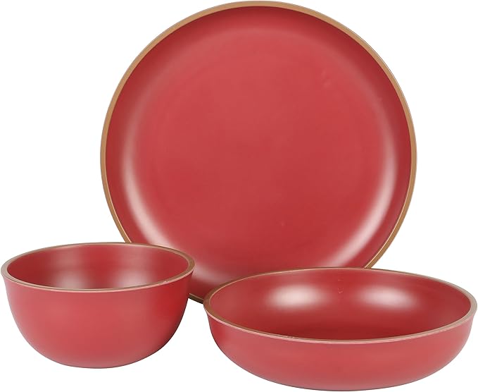 12 Piece Double Bowl Dinnerware Set Red Solid Casual Round
