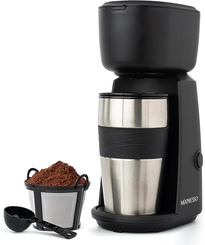 Mixpresso Personal Single Serve Coffee Maker &amp 14oz Travel Mug Drip Small Coffee Maker &amp Tumbler Auto Shut Off &amp Reusable Filter Compatible with Coffee Grounds