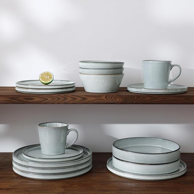 Famiware Annecy Dinner Plates and Bowls Sets Stoneware Dinnerware Sets Dishes Set for 6 18 Pieces Handmade Dishware Set - Microwave &amp Dishwasher Safe Double Reactive Glaze Tableware Grey-Blue
